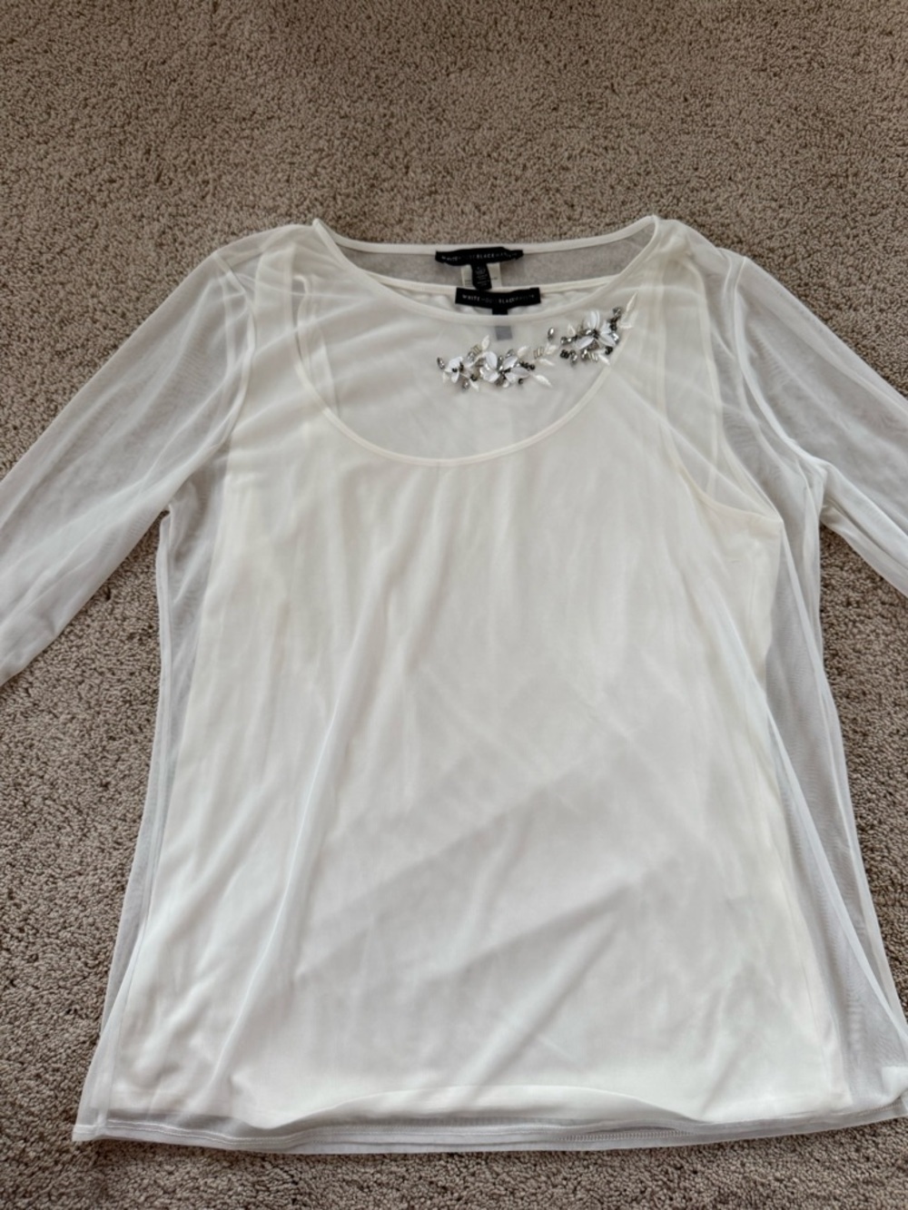 White House Black Market Ivory Embellished Long Sleeve Scoop Top L